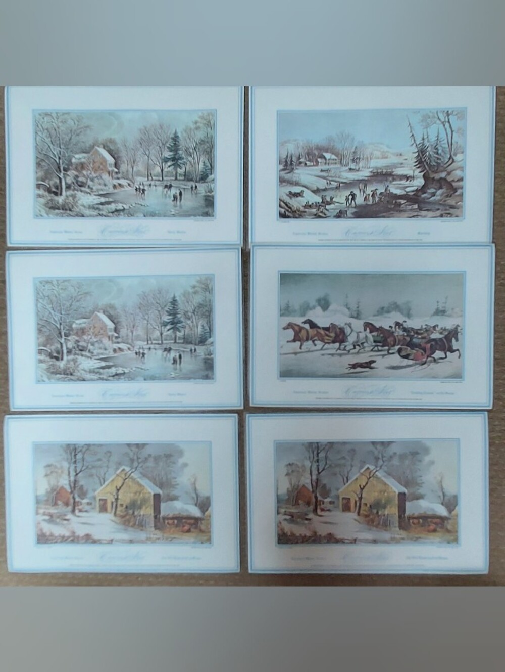 Currier Ives American Nostalgic Winter Scenes Coated Placemats Set 6 Reversible